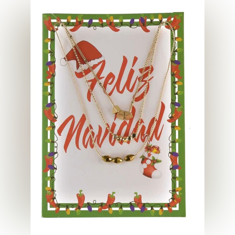 Gold-Tone Pendant Necklace Gift Card Feliz Navidad Set Holiday Christmas